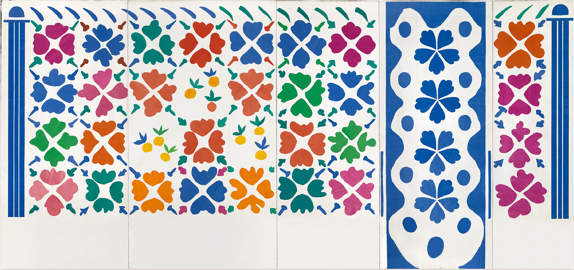 アンリ・マティス《花と果実》1952-1953年 切り紙絵、410 × 870 cm、ニース市マティス美術館蔵 © Succession H. Matisse　Photo: François Fernandez